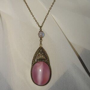 Vintage Moonstone Lucite Necklace MCM Pink Cabochon Pendant Filigree Detail